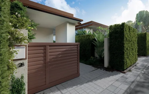 portail en aluminium mary coulissant marron Prefalu