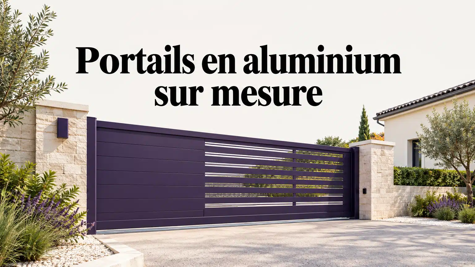 Portail contemporain en aluminium devant une maison française, dans un jardin sobre.