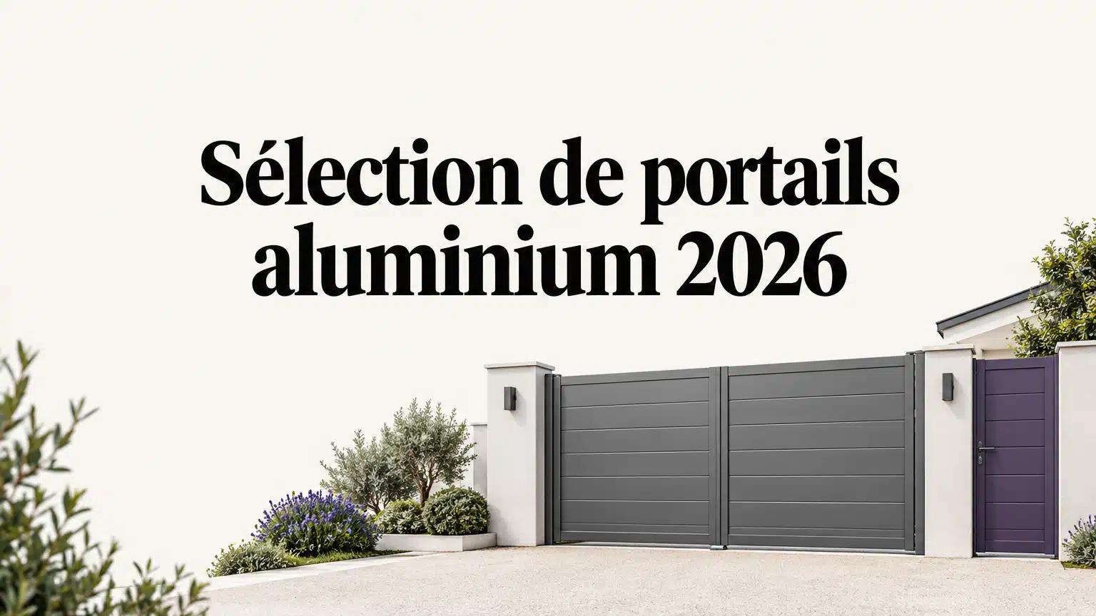 Portail en aluminium sur mesure devant une maison contemporaine en France, avec un remplissage sobre et un détail violet discret.
