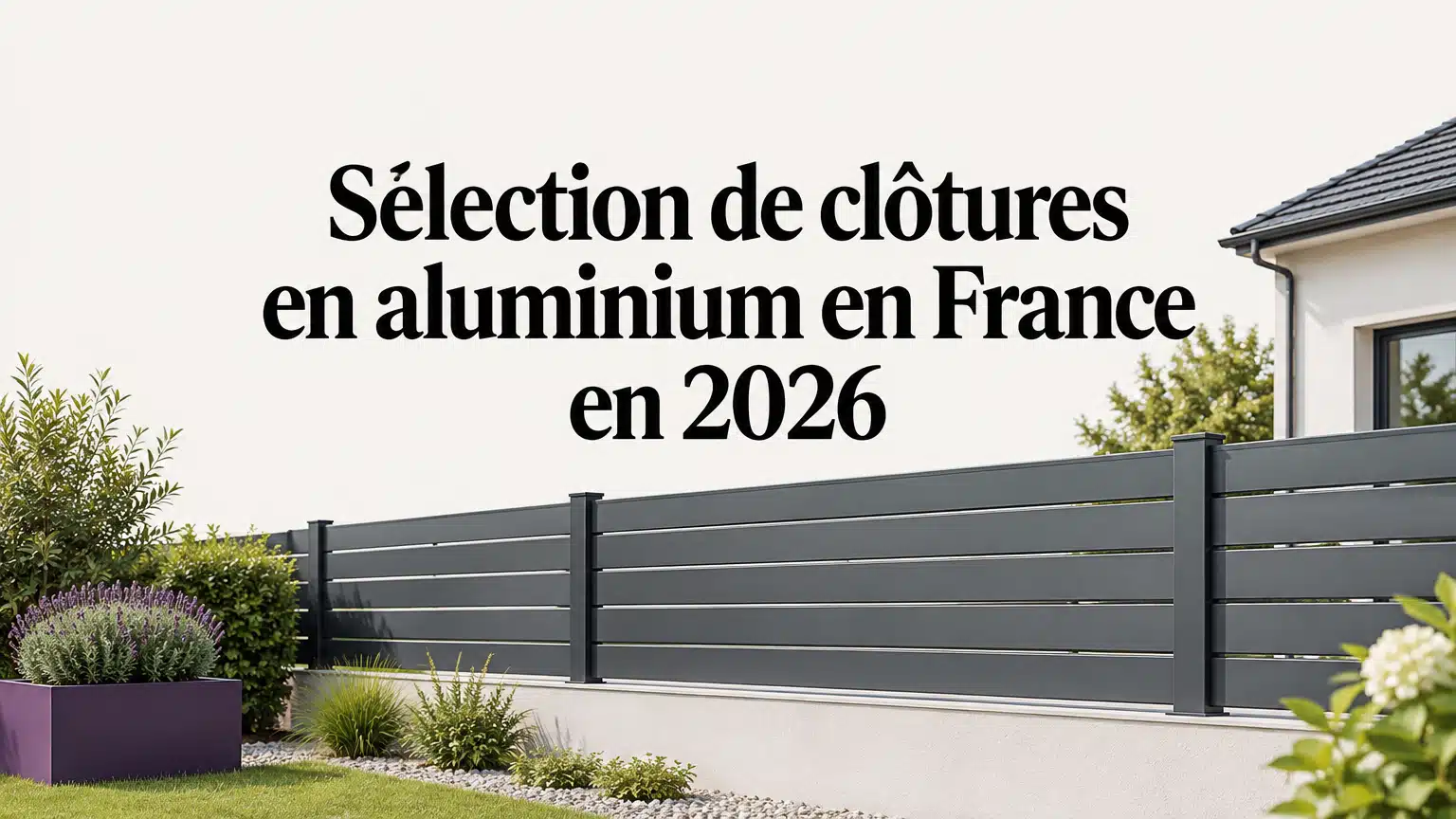 Clôture contemporaine en aluminium dans un jardin français, avec des lames horizontales et un discret accent violet.